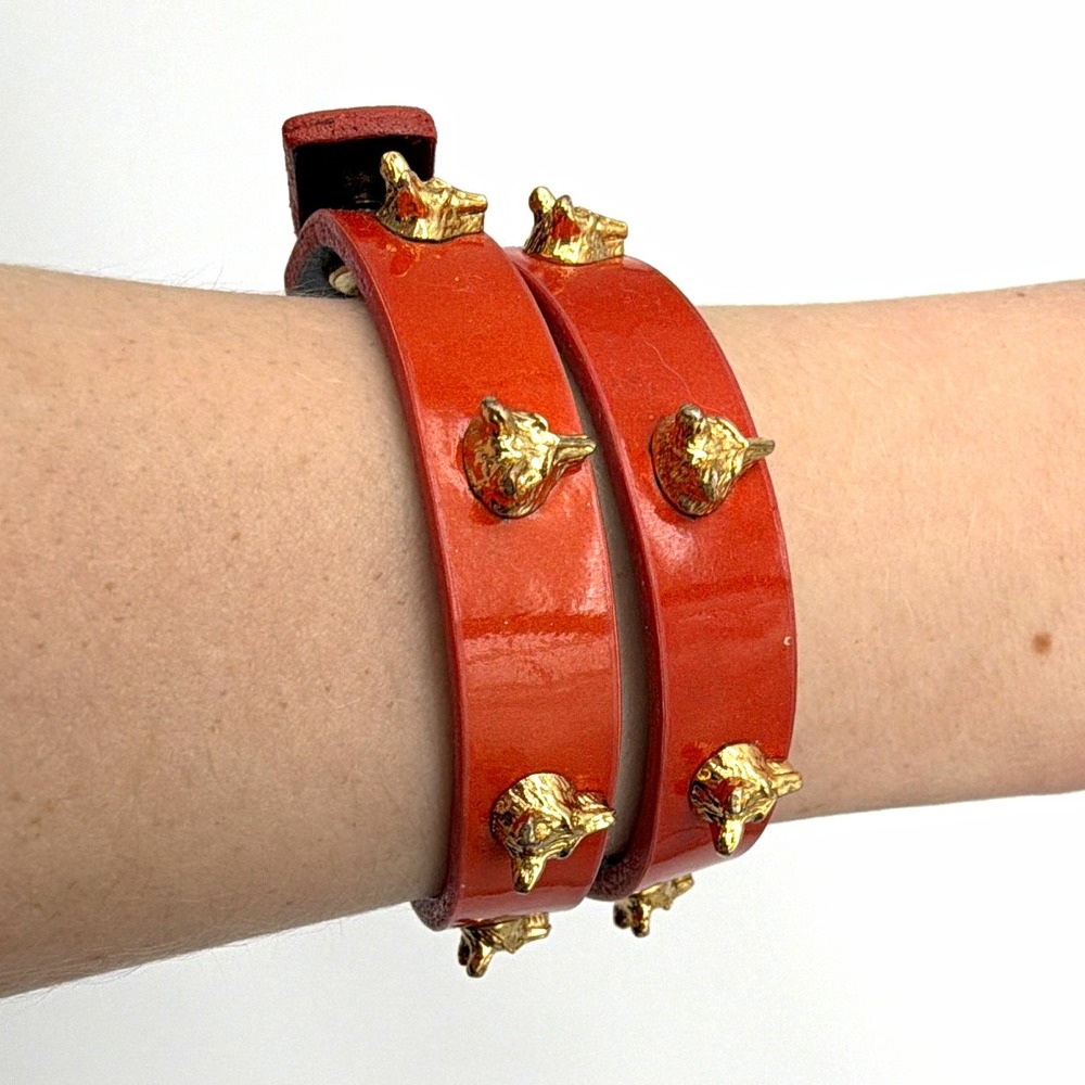 Tory Burch Orange Leather Studded Wrap Bracelet, Gold Plated Brass, Signed